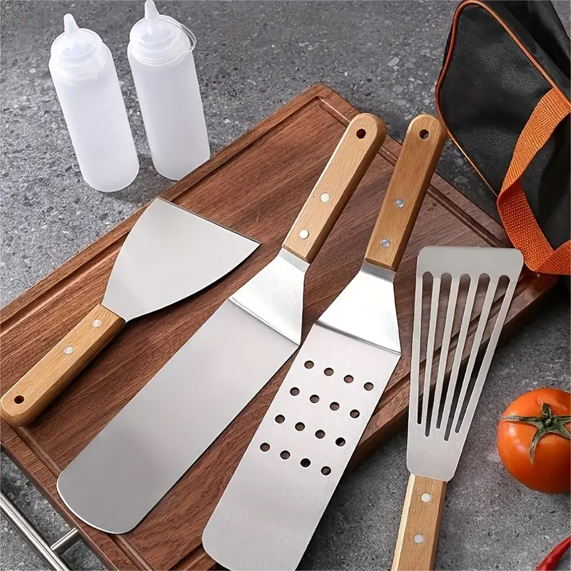 Ensemble d'outils pour barbecue en acier inoxydable manche en bois