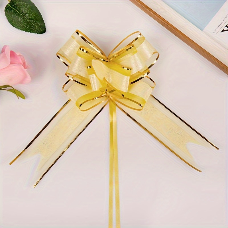 10 Pcs Pull Bows for Gift Wrapping, White with Golden Thread Decoration Pull Bow,for Presents Package and Basket Decoration, Wedding Decoration