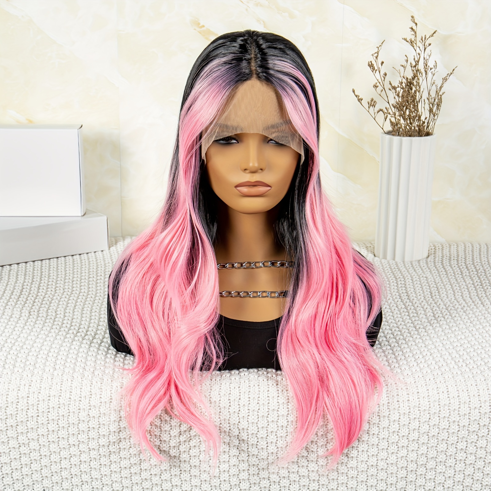 Pink synthetic lace top front wigs