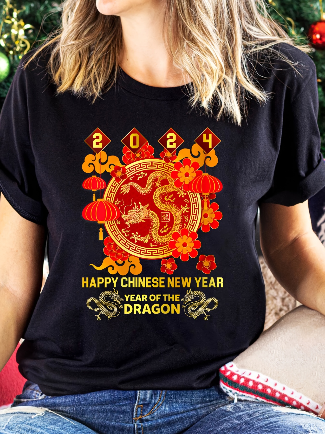 Dancing Lion Print Graphic T Shirt Chinese Lunar New Year - Temu