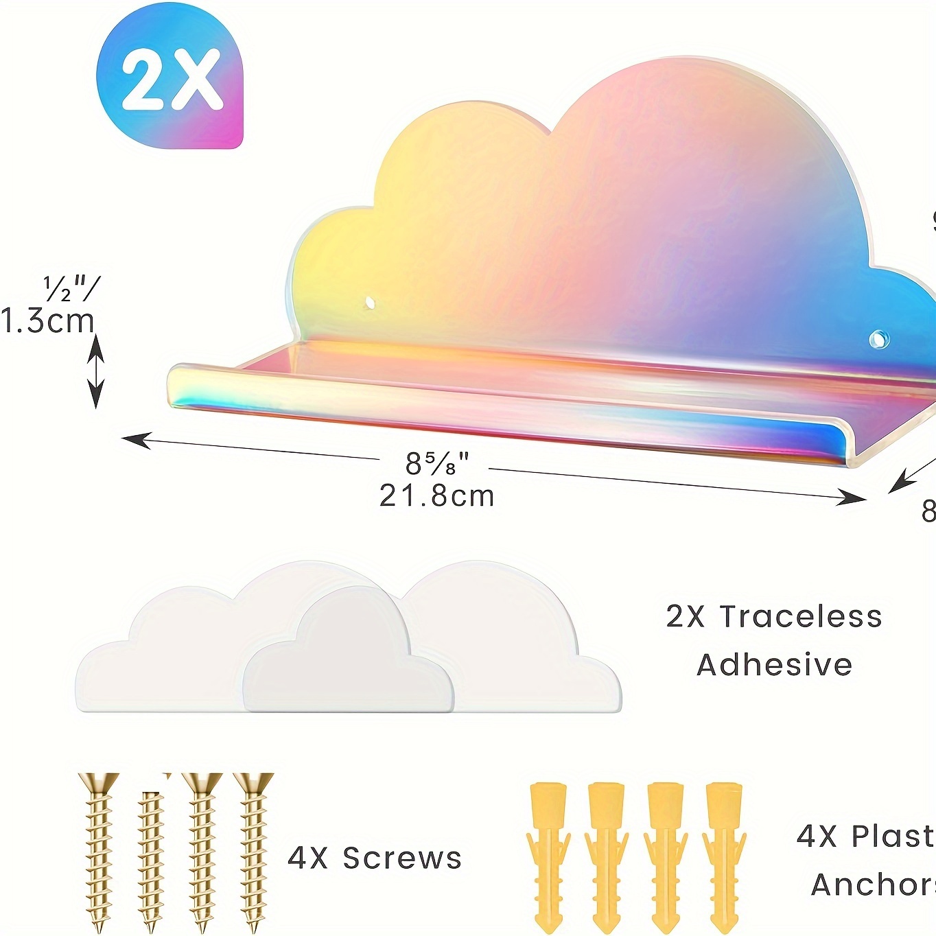 Rainbow Acrylic Floating Shelves, 2 Pack Cloud Shelf - Large Floating Shelves, Wall Mountable, Versatile Home Decor, Bathroom, Kitchen, Bedroom (large, 2 Pack)