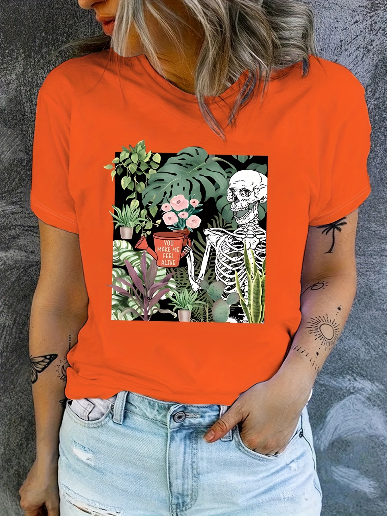 Plus-Size-Gothic-T-Shirt, Damen-T-Shirt Mit Totenkopf- Und Blumendruck,  Kurzen Ärmeln, Rundhalsausschnitt Und Leichtem Stretch