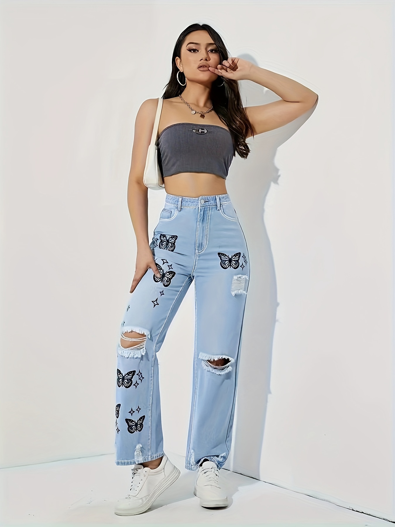 Butterfly Print Ripped Straight Jeans