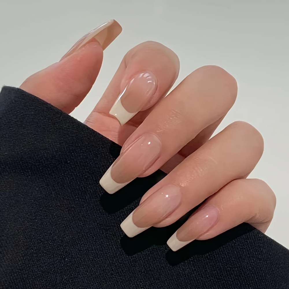  Nude White Press On Nails Medium Square French Glossy