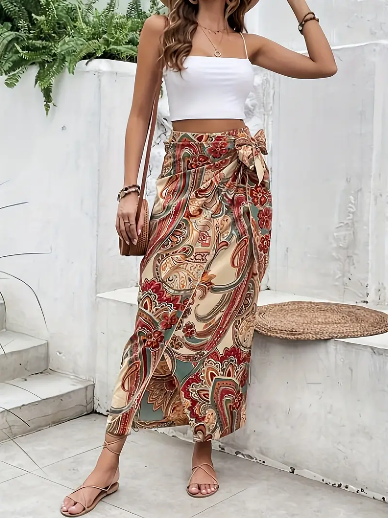 paisley print wrap tie skirt vintage slim high waist skirt for womens clothing details 4
