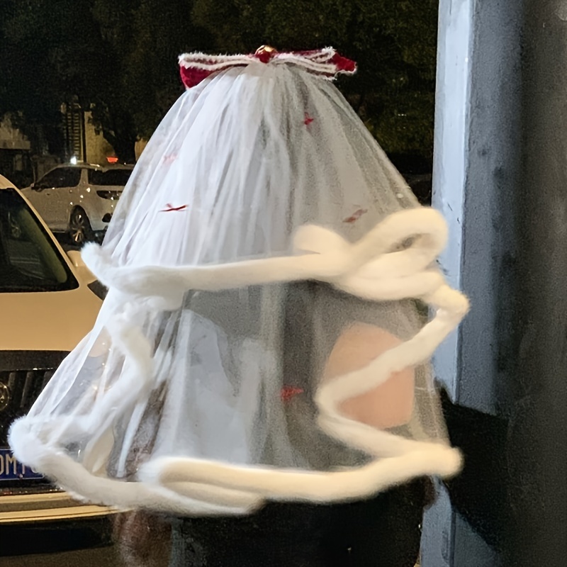 1pc Winter Wedding Bridal White Double Veil with Red Velvet Bow \u0026 Faux Fur  Trim - * Hair Accessory for Church 1pc winter wedding bridal white double veil red velvet bow - Temu