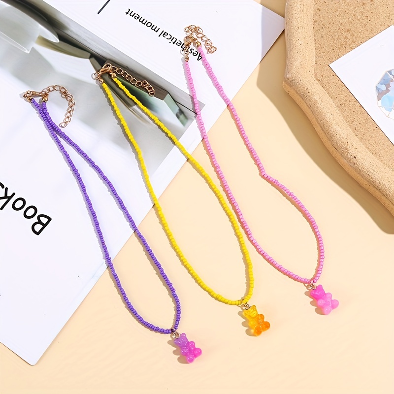 

3pcs/set Cute Resin Jelly Color Bear Pendant Colorful Beaded Necklace Set, Cute Holiday Birthday Gift For Girls