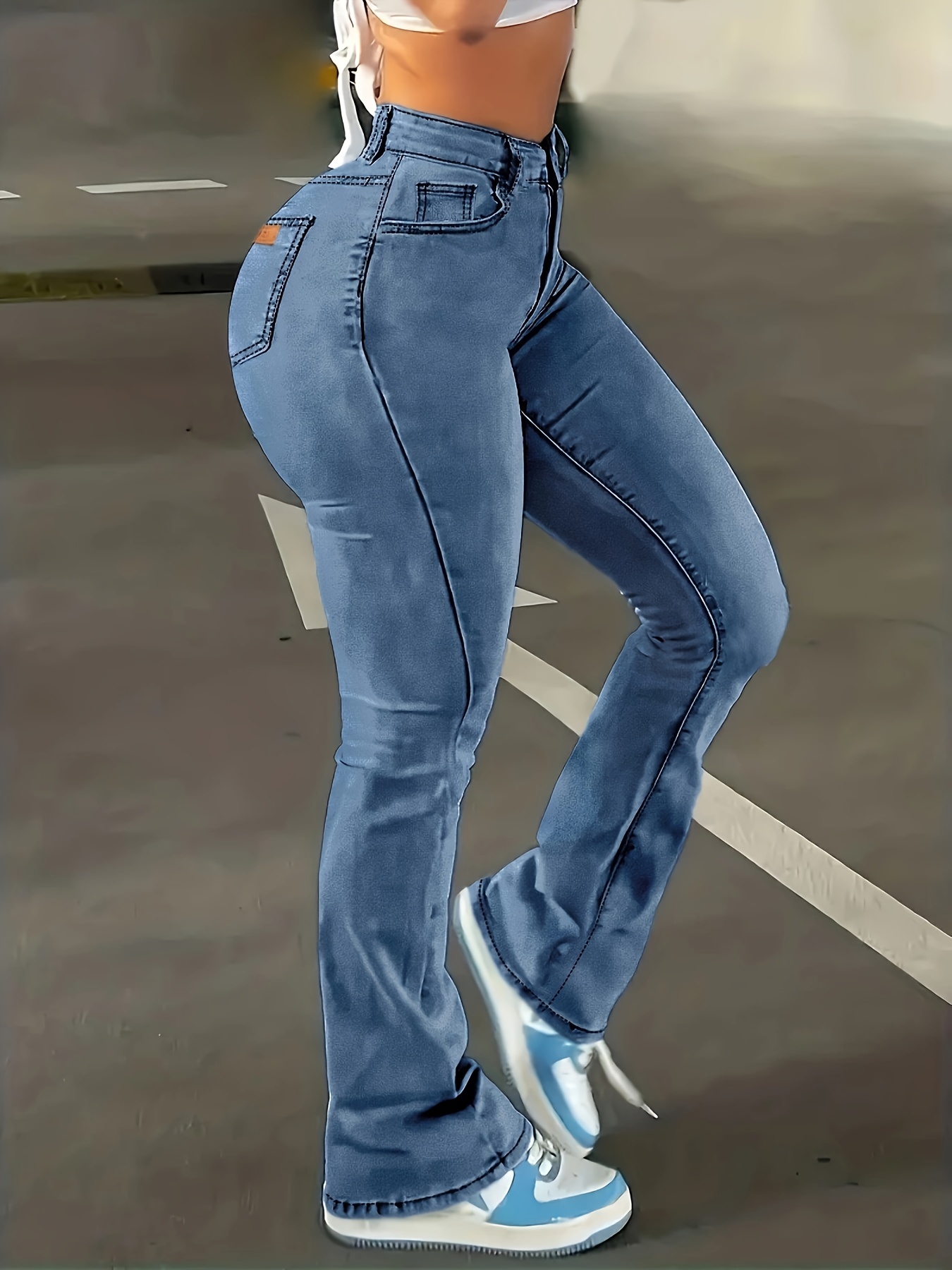High Waist Blue Bootcut Jeans High Stretch Washed Denim - Temu