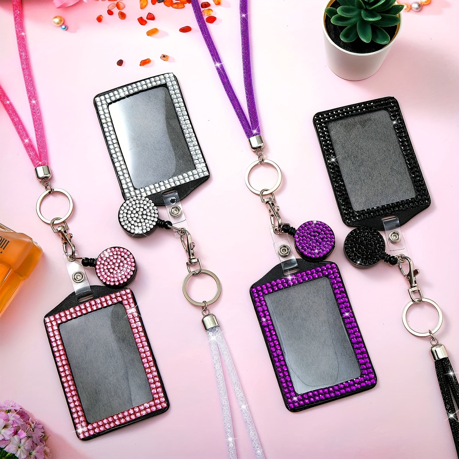 Fashion 12 Hot Colors Mix Handmade Sparkle Crystal Neck Lanyard,Exclusive  Bling ID Name Badge Holder,Retractable Rhinestone Work Badge Reel Clip