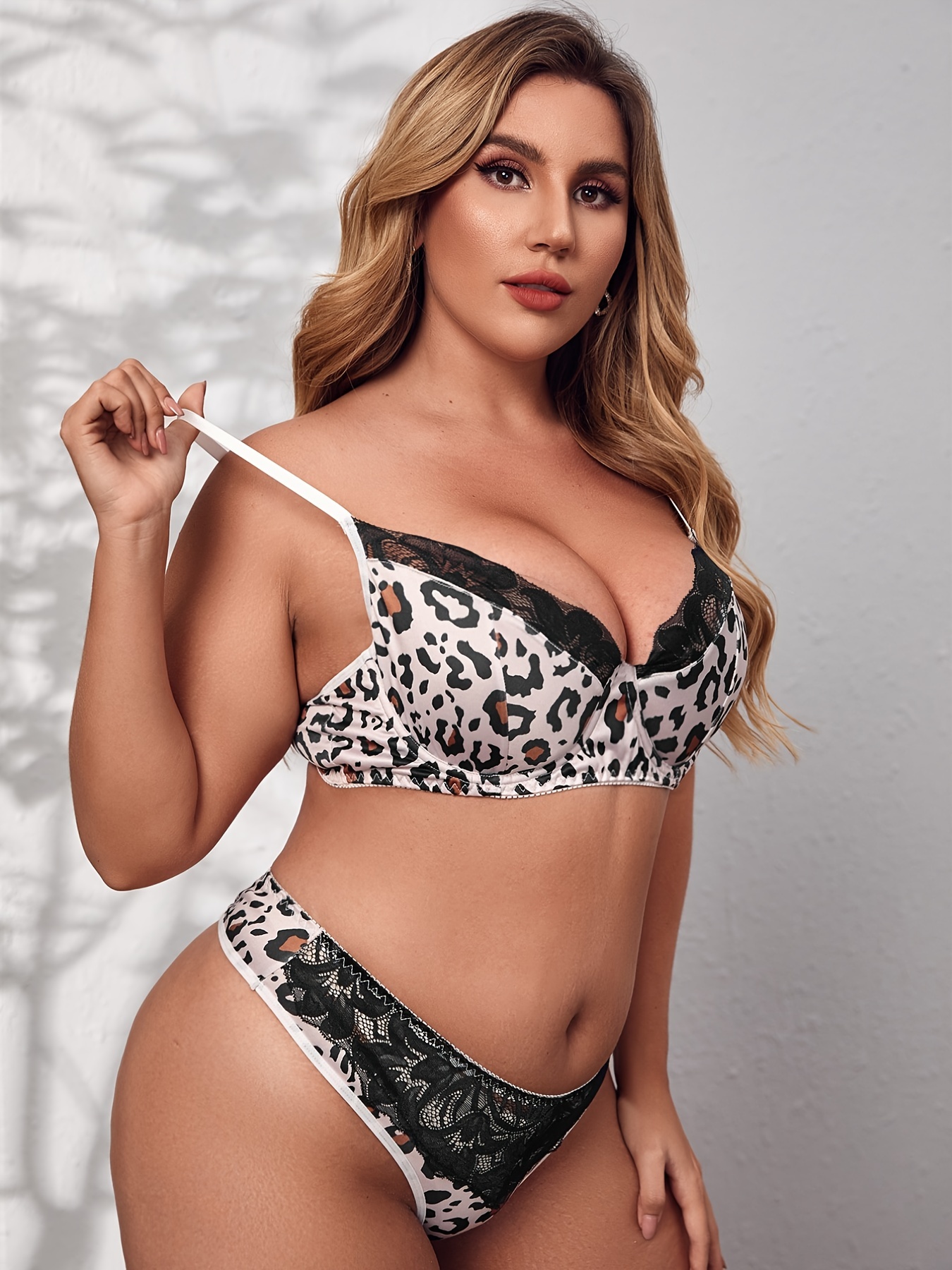 Plus Size Leopard Print Contrast Lace Bra & Panties Set, Women's Plus  Medium Stretch Sexy Lingerie 2pcs Set