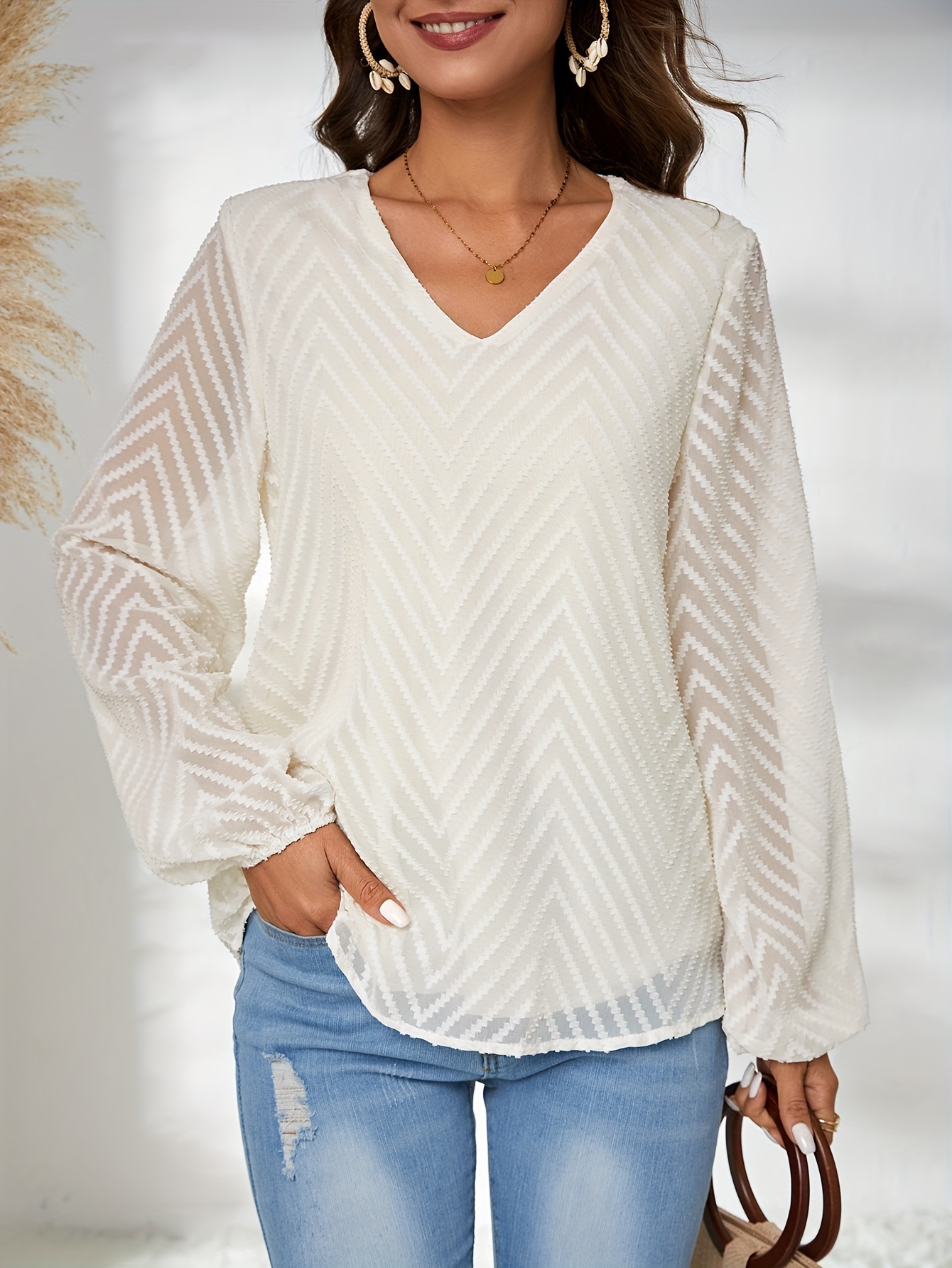 Blusa Sólida Elegante Mujer Blusa Manga Larga Cuello En V - Temu