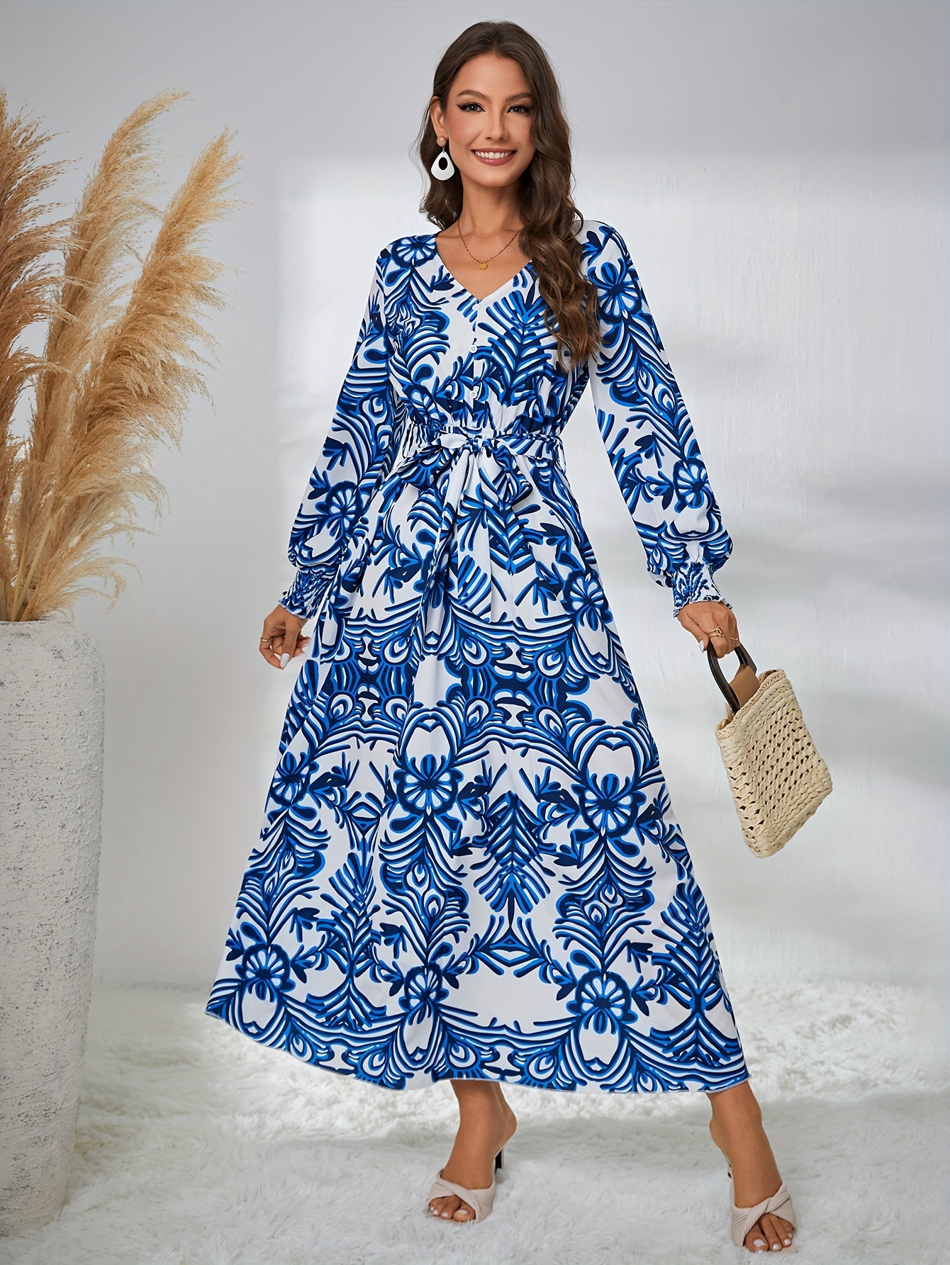 Tribal Print Shirt Dress Long Sleeve Casual Dress Spring - Temu