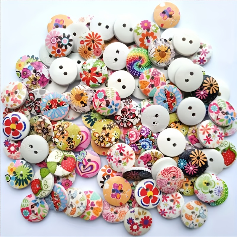 Buttons for Crafts 200pcs, Colorful Mixed Round Wooden Cartoon Patterns  Craft Buttons 2-Hole Wooden Buttons for Clothing Ornament DIY Project