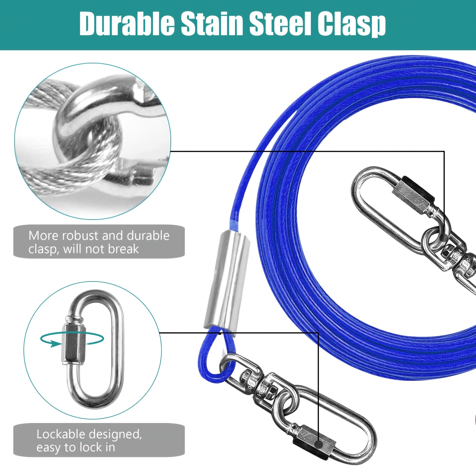 10 ft Dog Tie Out Cable, Heavy Duty Dog Chains for Outside with Spring  Swivel Lockable Hook, Pet Runner Cable Leads for Yard, Blue Dog Line Tether