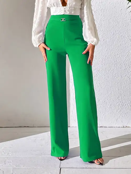 Solid High Waist Elastic Long Length Pants, Slim Stylish Elegant Wide Leg  Pants, Women's Clothing
