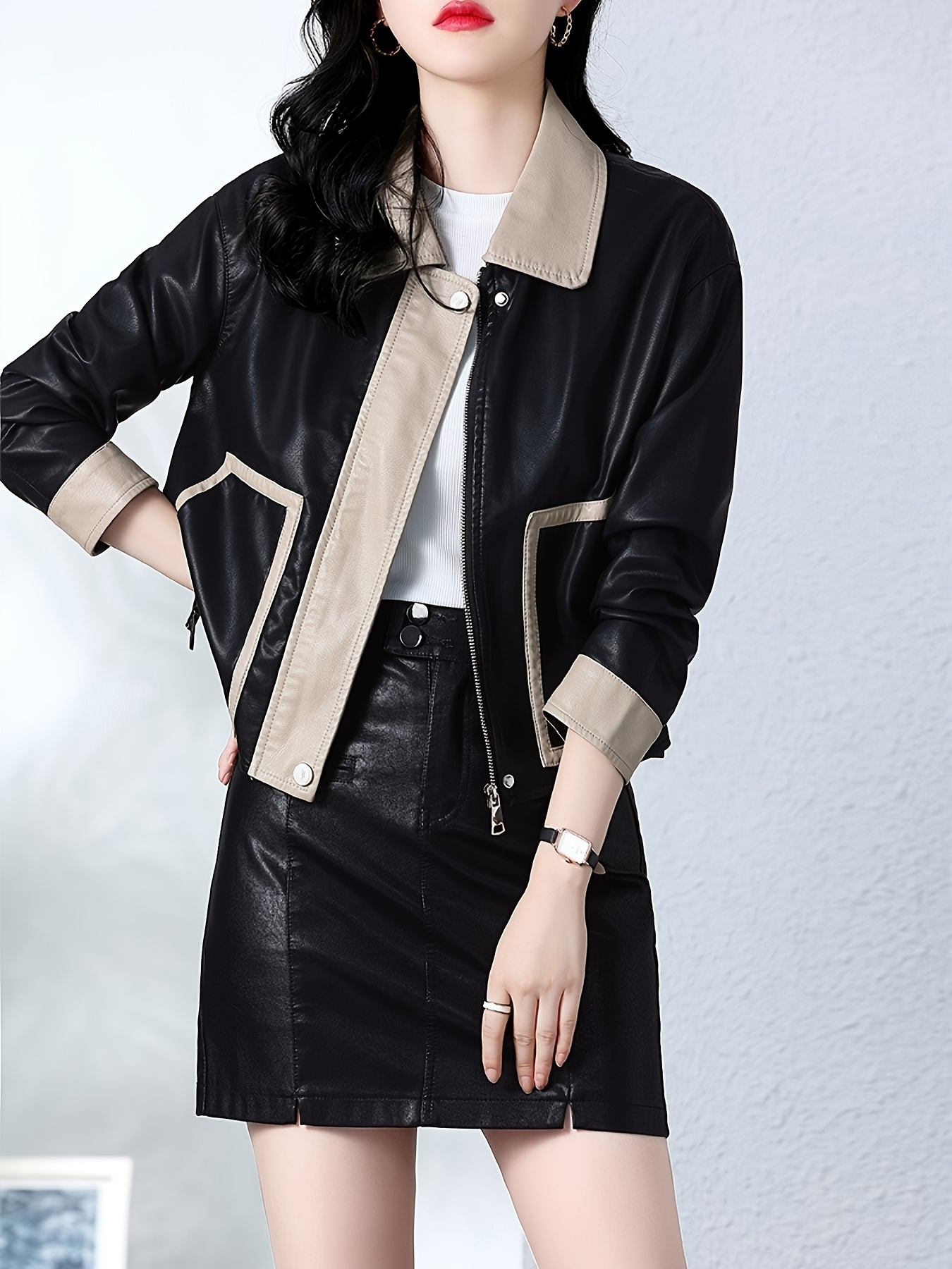 women's chic color block pu jacket short style black beige Temu