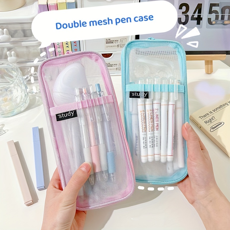 Grid Mesh Pen Pencil Case With Zipper Clear Makeup Pouch Cosmetics Bag  Multifunction Pencil Pouch