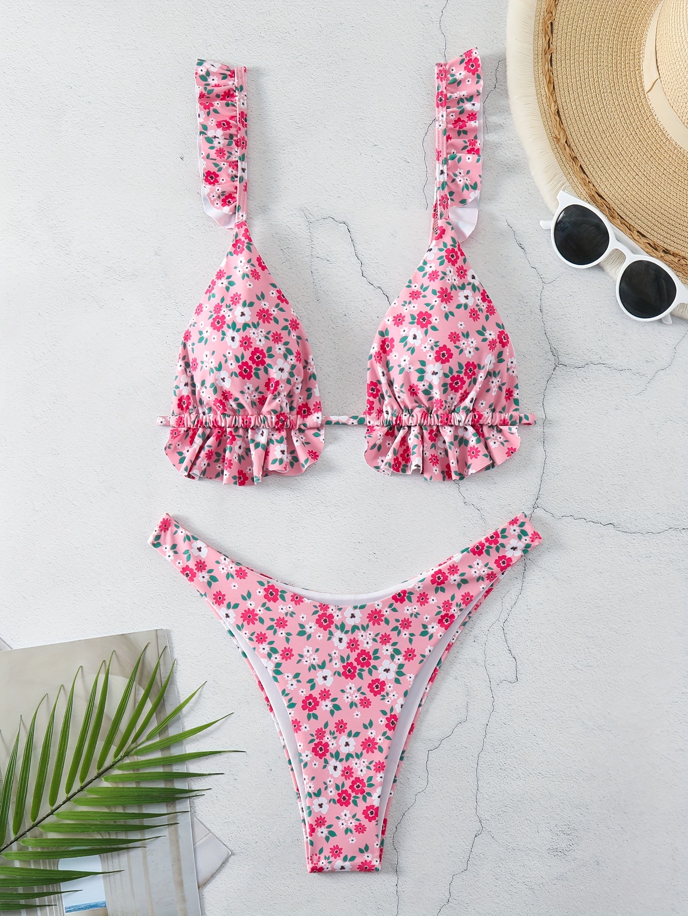 Floral Print Scoop Neck Spaghetti Strap Bikini Stretchy Low - Temu