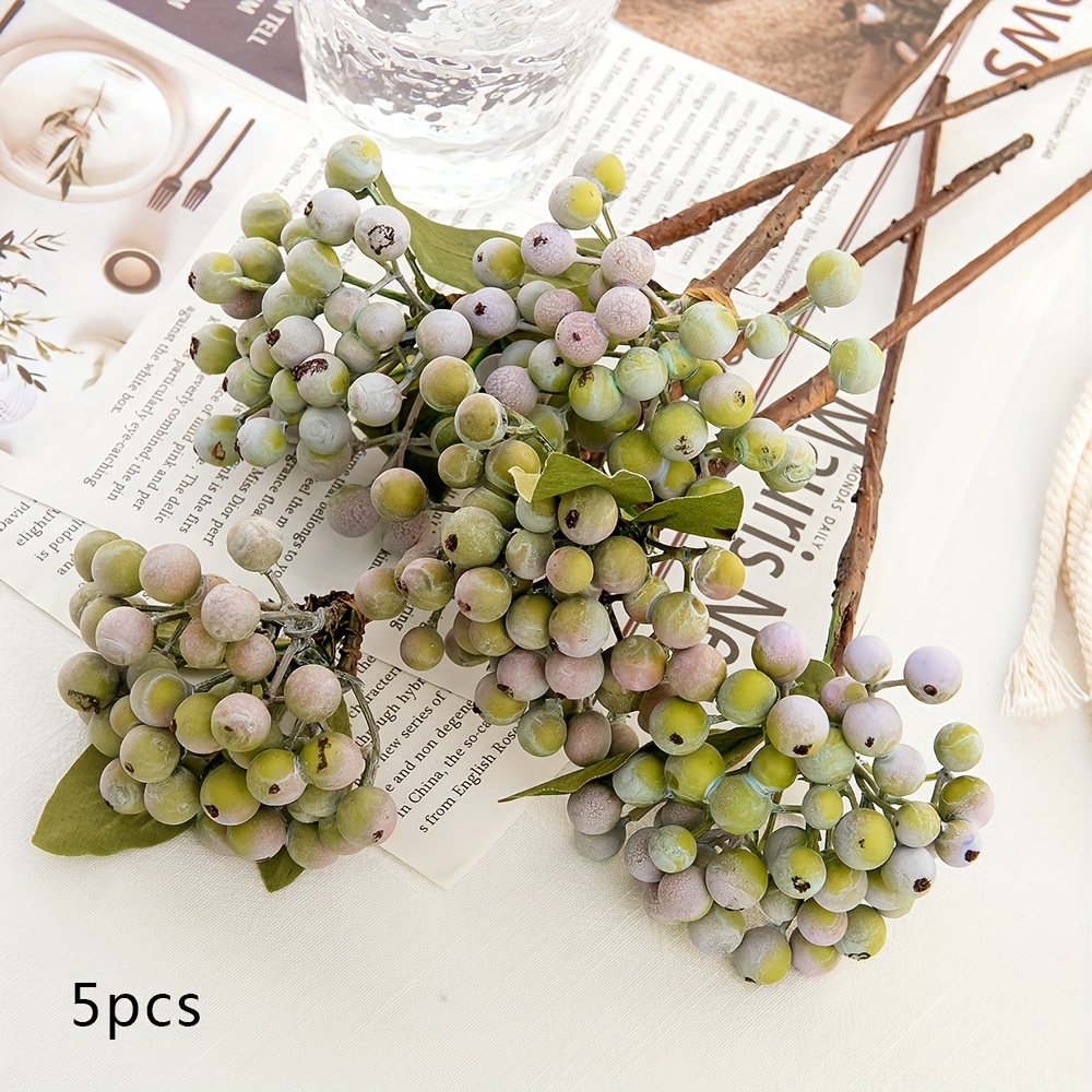 Image of 5pcs Realistic Artificial Berry Stems With Dried - Plastic Green & Pink-green Christmas Wedding, Diy Bridal Bouquets, Wreath & Party Decorations Suitable For Home, Kitchen, Use - Durable Fruit Stems