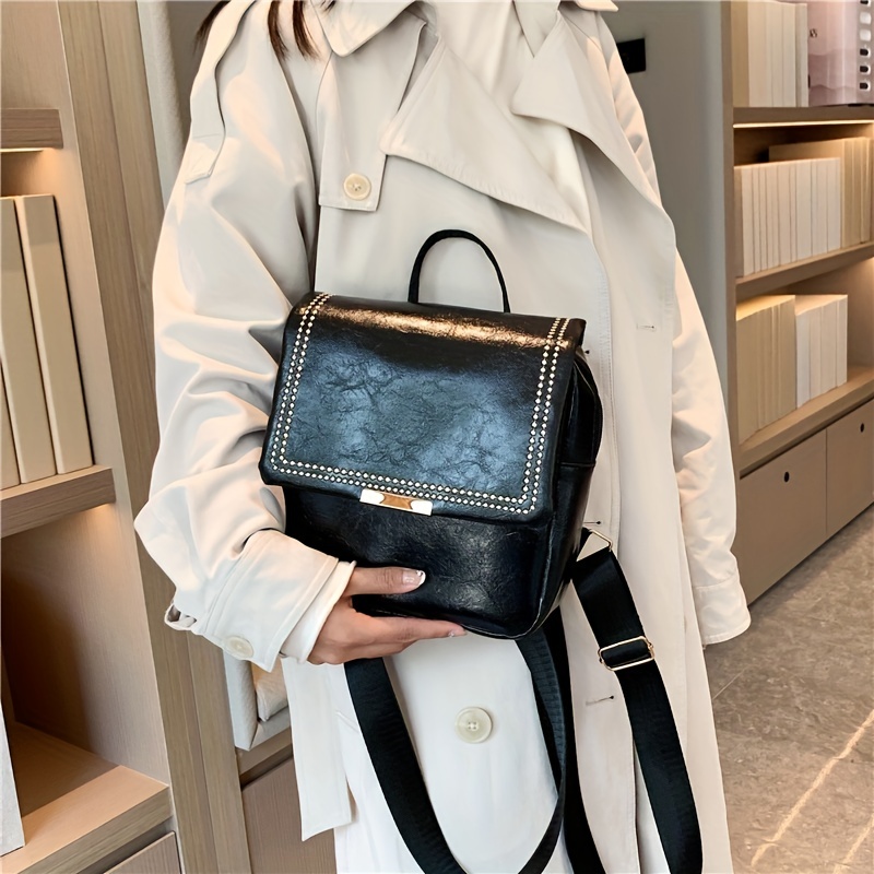 Vintage Stitching Flap Backpack Small Student School Bag Faux Leather Daypack