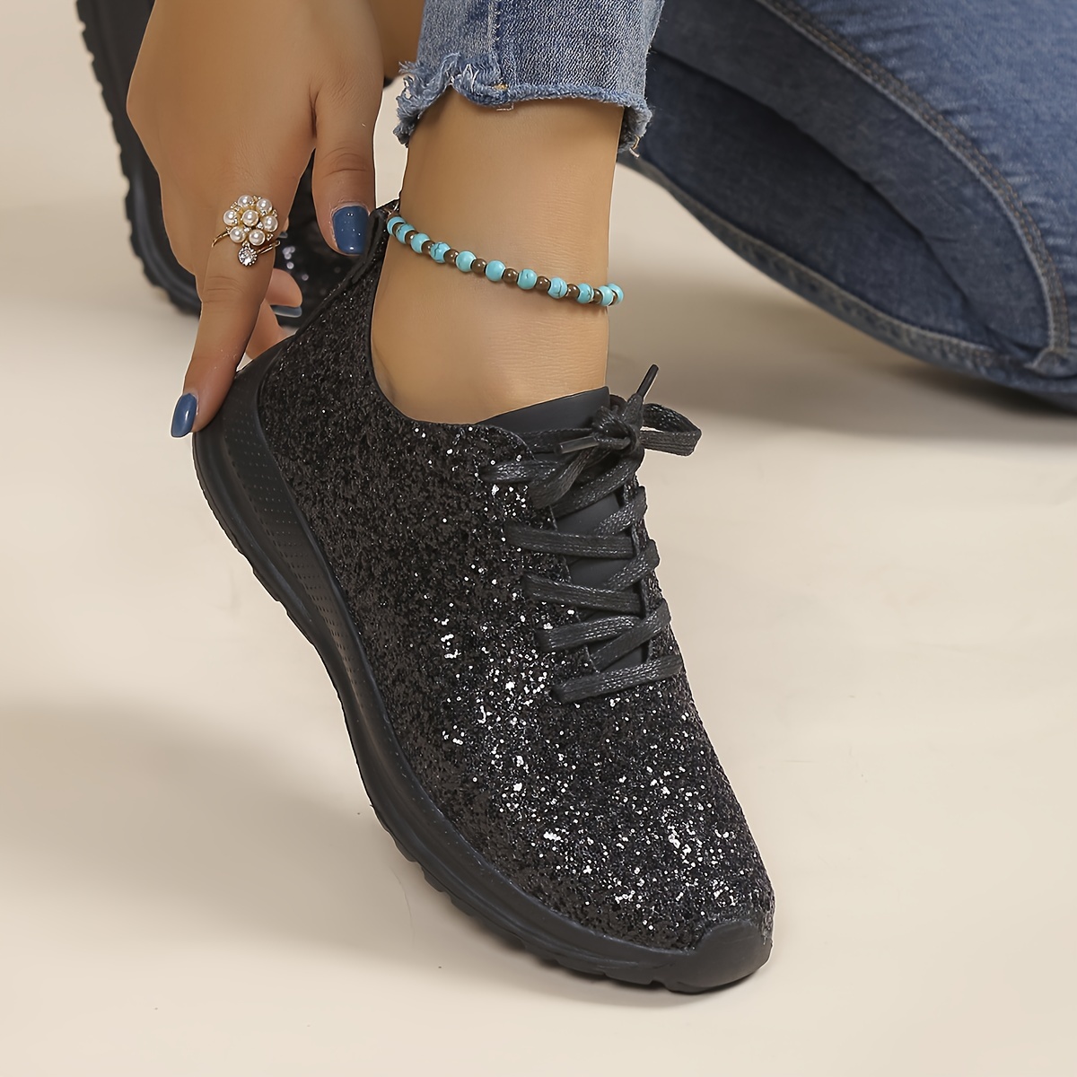 Sequins Sneakers, Women's Glitter Decor Casual Lace Comfortable Shoes,Women Tennis Shoes,Temu