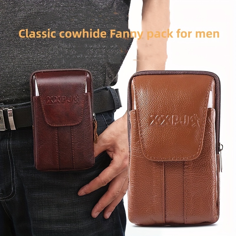 

Men's Mobile Phone Fanny Pack Genuine Leather Waist Bag Multi-functional Vertical Belt Clip Bag Magnetic Buckle Waterproof Moisture-proof Purse