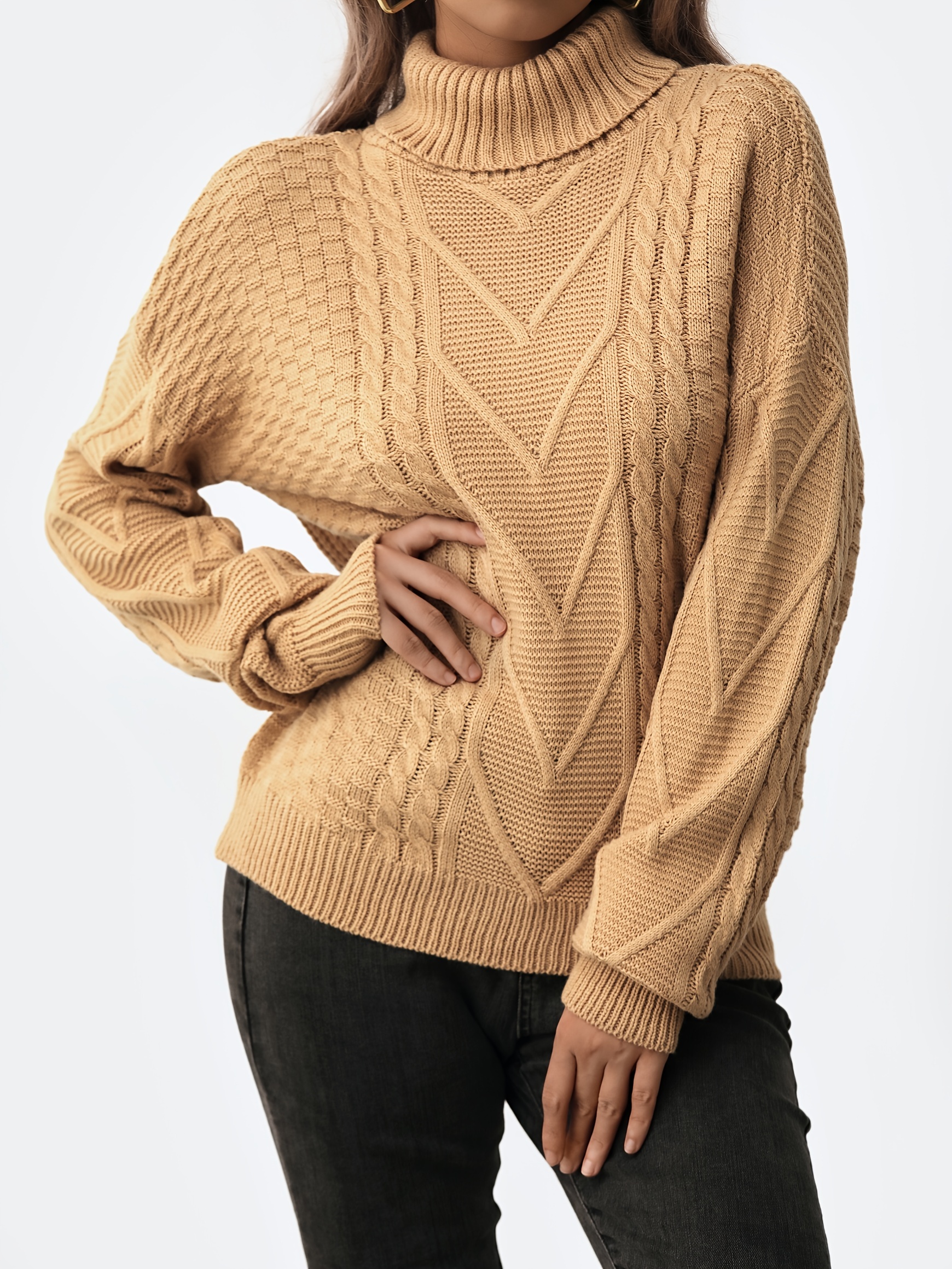 Rollkragen Zopfmuster Pullover Damen Beige Rollkragen Rolli Pulli