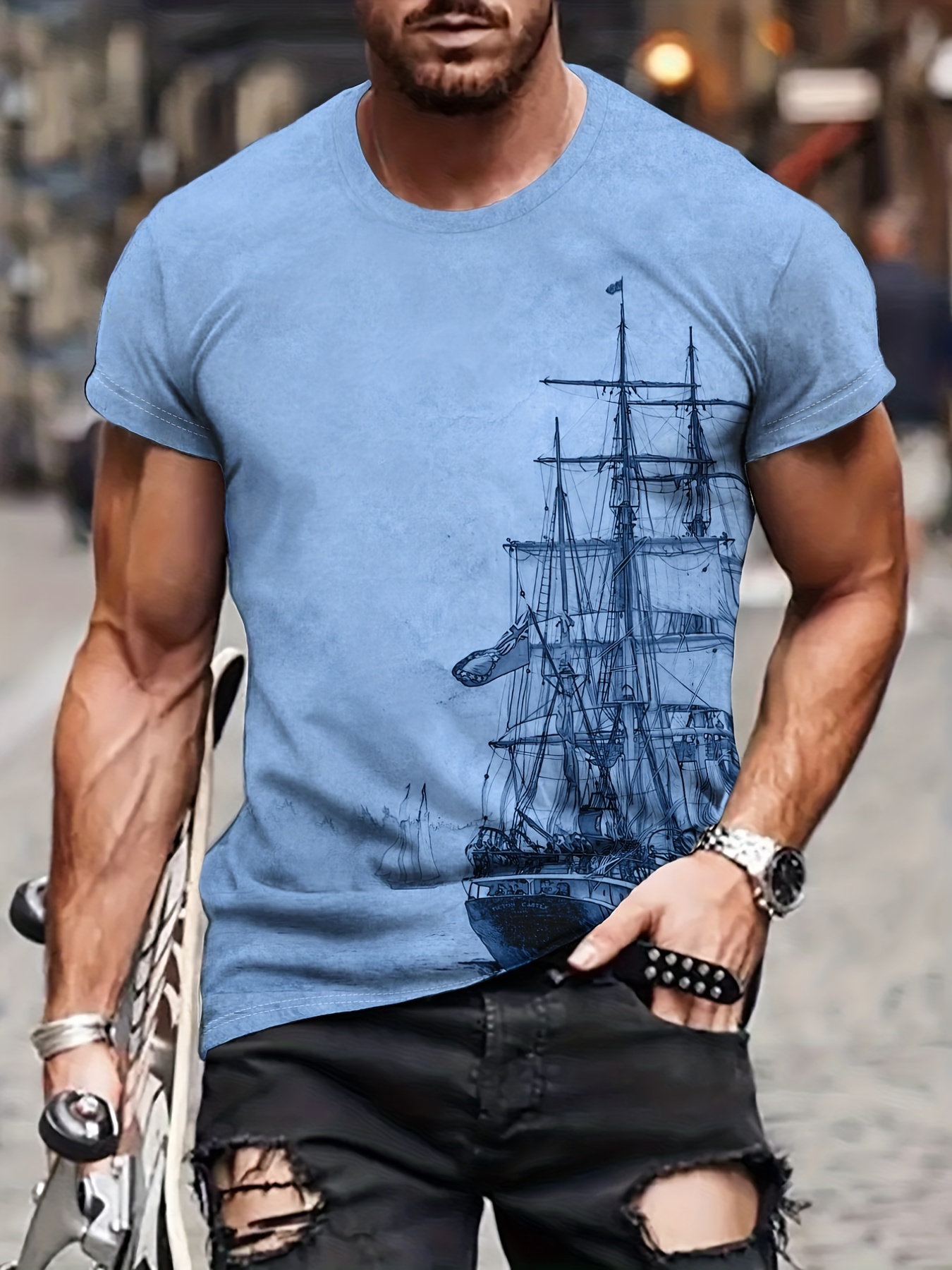 Tees For Men Galleon Sailing Ship Print T Shirt Casual Short - Temu Japan