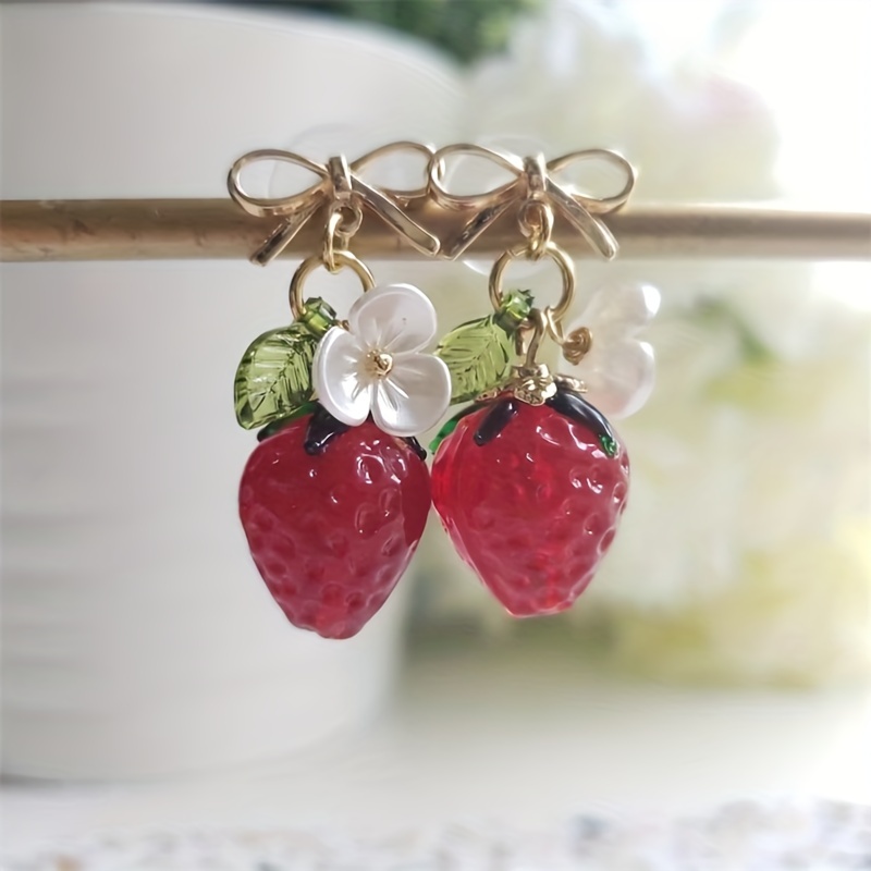 Cute Strawberry Design Dangle Earrings Simple Style Resin - Temu