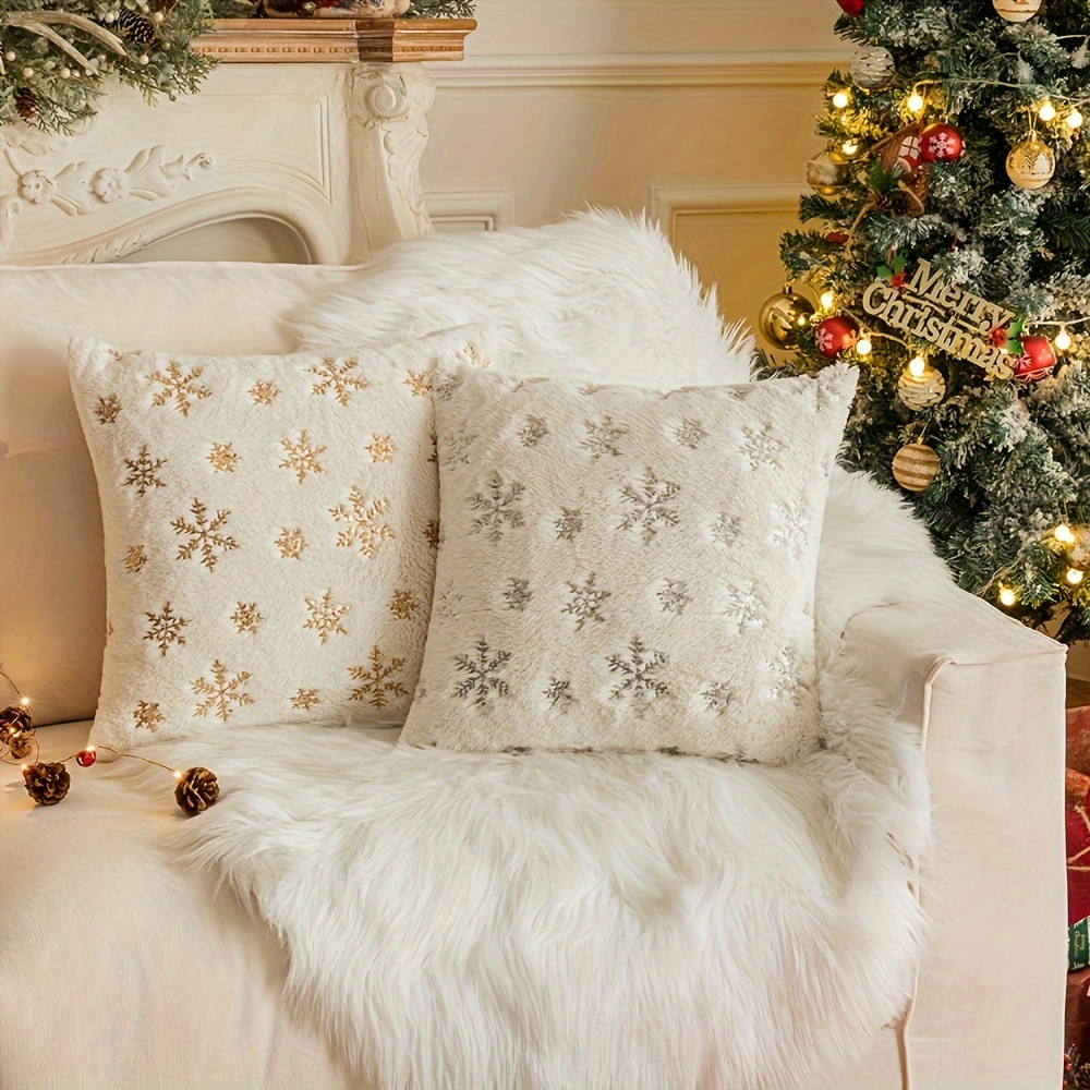 White Christmas Throw Pillow with Silver Sequin Snowflake