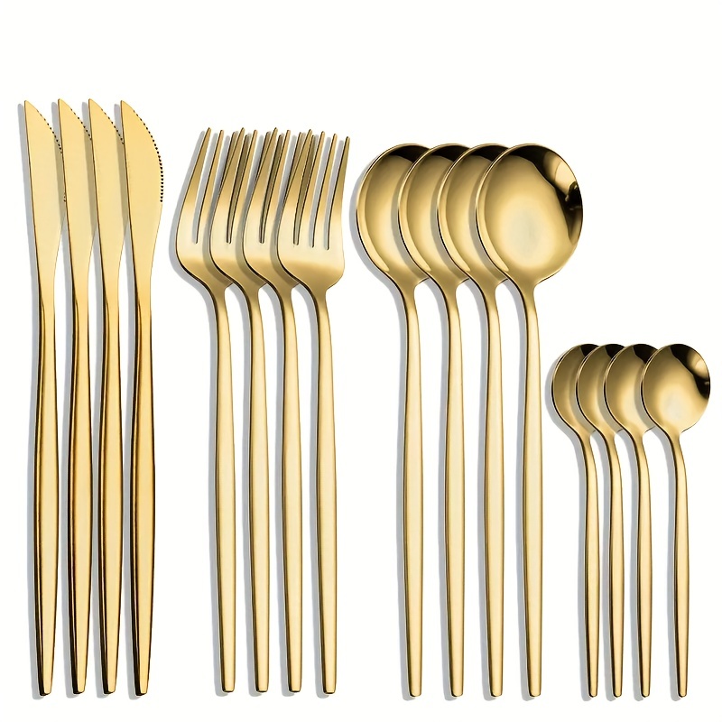 

16pcs Golden Stainless Steel Cutlery Set - Includes Steak Knife, Dinner Fork, Spoon And Dessert Spoon - For Home And Restaurant Use