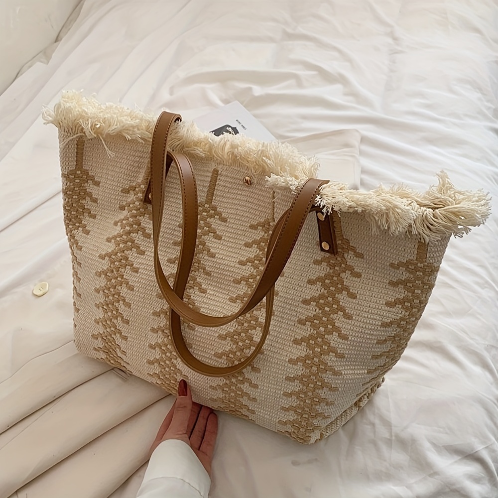 Straw Fringed Large Capacity Tote Bag, Lightweight Fashion