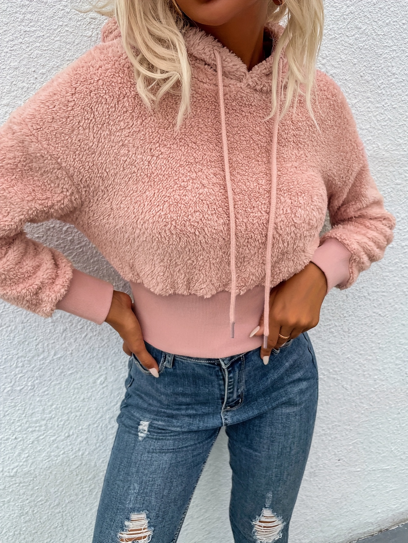 Solid Fuzzy Drawstring Long Sleeve Cropped Hoodies Stylish Temu