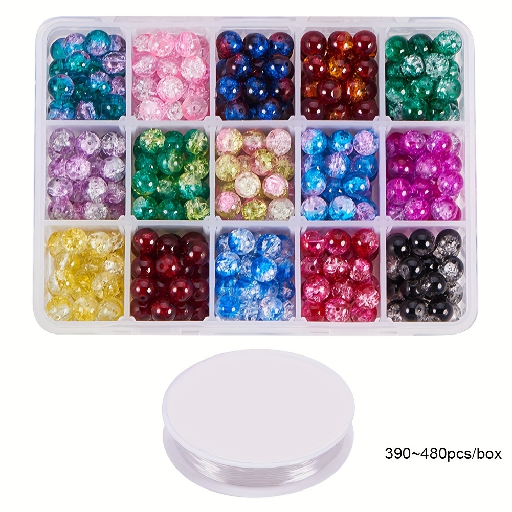 1 Box, Round Glass Crackle & Acrylic Beads Set, 8mm 24 Colors Imitation  Crystal Beads Kit, For DIY Bracelet Making For Beginners Girls DIY Crafts