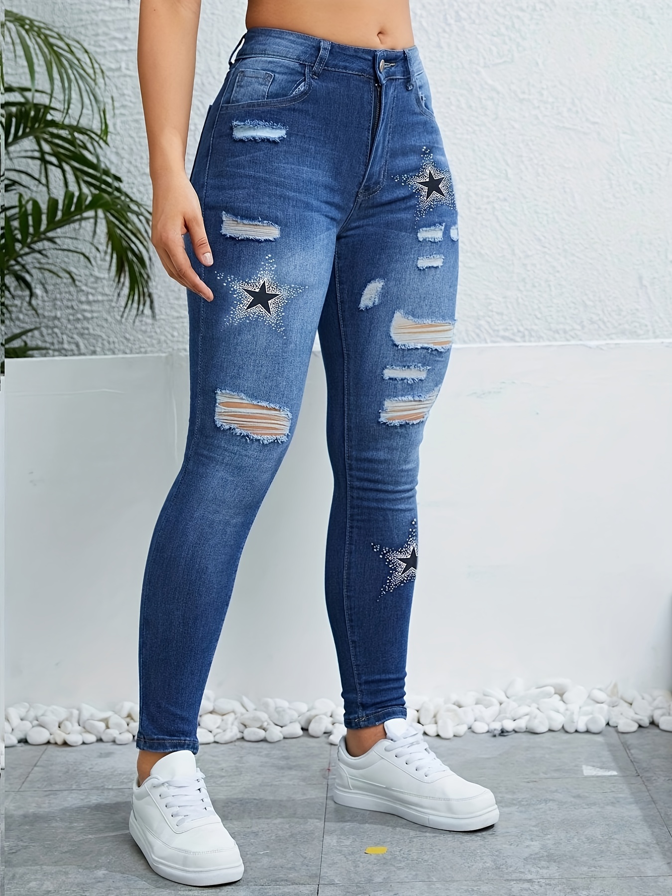 Blue Ripped Holes Skinny Jeans, Star Pattern Slim Fit Distressed Denim Pants, Women's Denim Jeans & Clothing - Temu