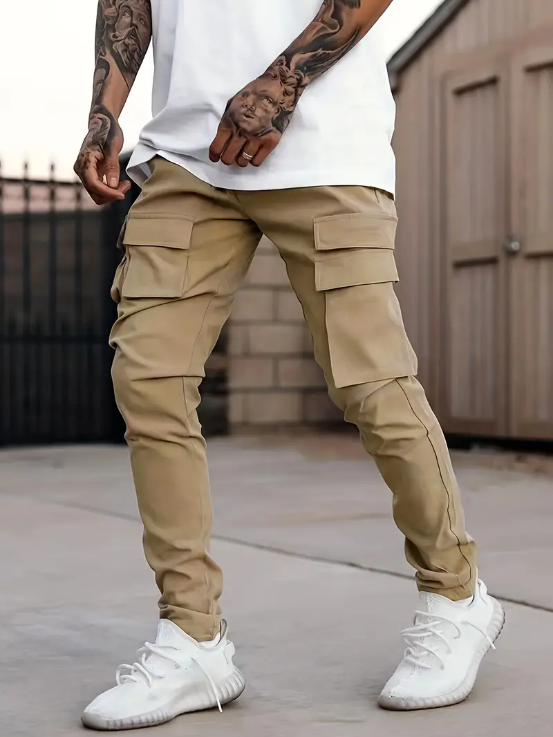 Trendy Solid Cargo Pants, Men's Multi Flap Pocket Trousers, Loose Casual  Outdoor Pants, Men's Work Pants Outdoors Streetwear Hip Hop Style