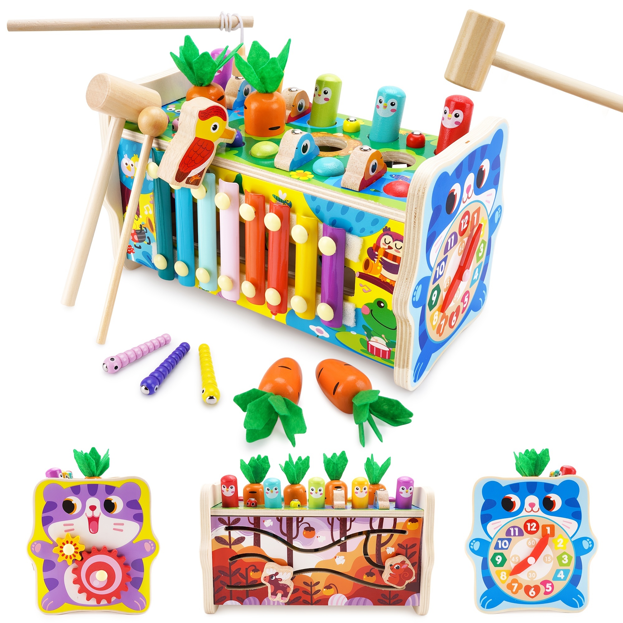 4 in 1 Hammering Pounding Toys Wooden Montessori Educational Fishing Game  Xylophone Toy for 1 2 3 Year Old Baby Sensory Developmental Toy Fine Motor  Skill Preschool Toddler Activities Age 1-2 2-4 Gift 