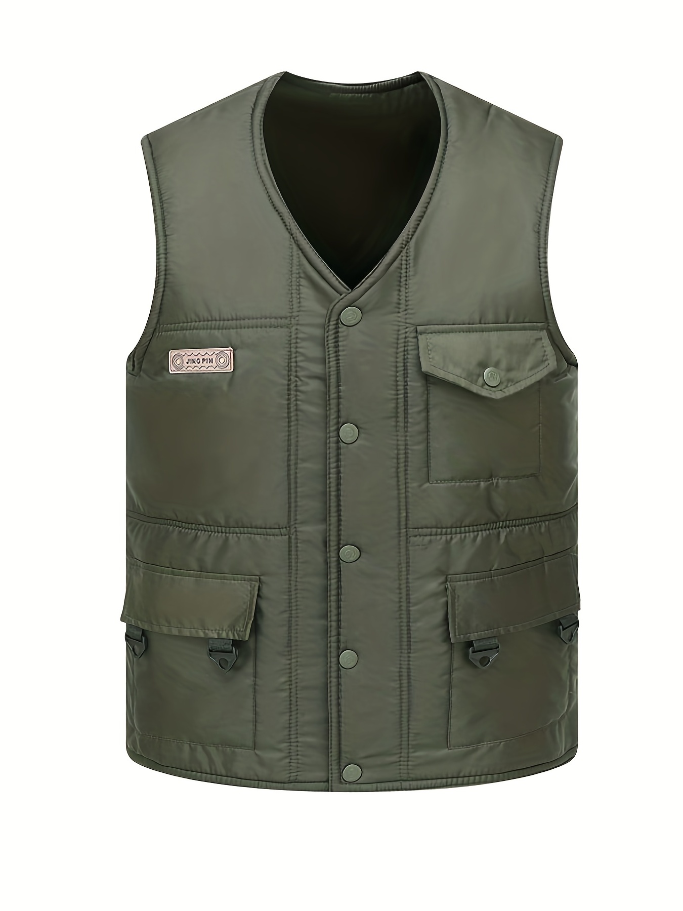 Trendy Padded Vest, Men's Casual V Neck Button Up Vest For Autumn Winter Outdoor Fishing Hiking