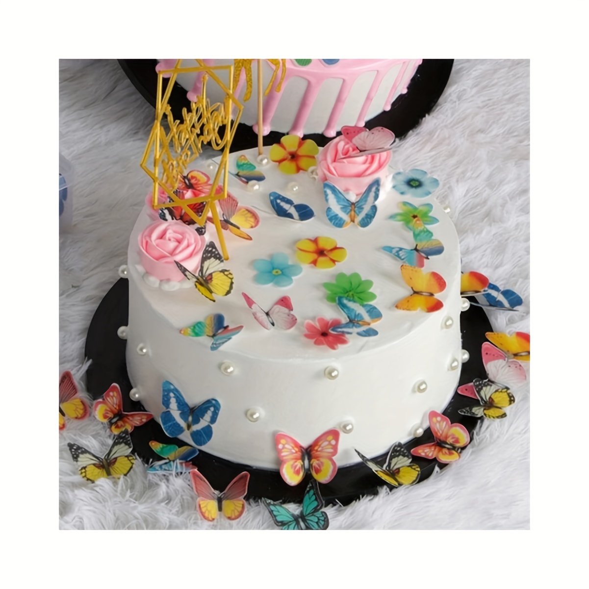 Butterfly and flowers Birthday Cake topper Edible paper sugar sheet cupcakes