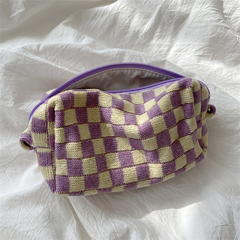 Checkered Pattern Zipper Makeup Bag, Travel Cosmetic Bag, Makeup