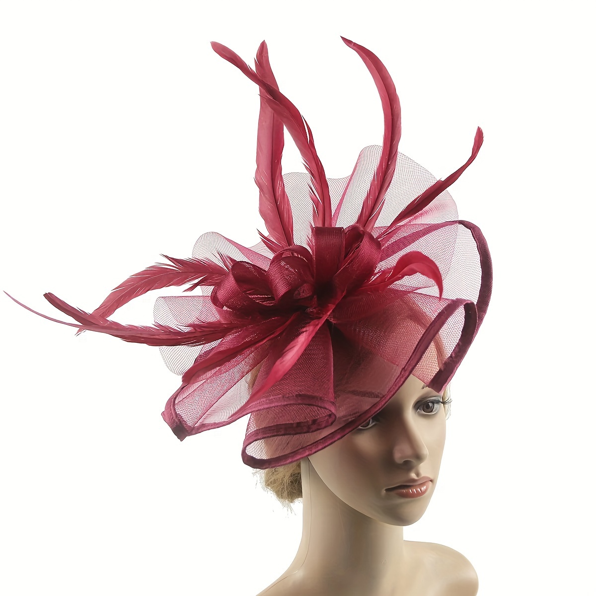 [Popular Choice] Elegant Red Feather & Mesh Fascinator Headband - Romantic British Royal Style, Hand-Washable Polyester with Ostrich Feathers, Perfect for Weddings, Derby, and Tea Parties details 1