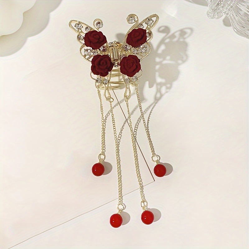 Image of European And Elegant Red Women's Hair Accessory Rose Rhinestone Tassel Hair Clip Simple Temperament Claw Clip