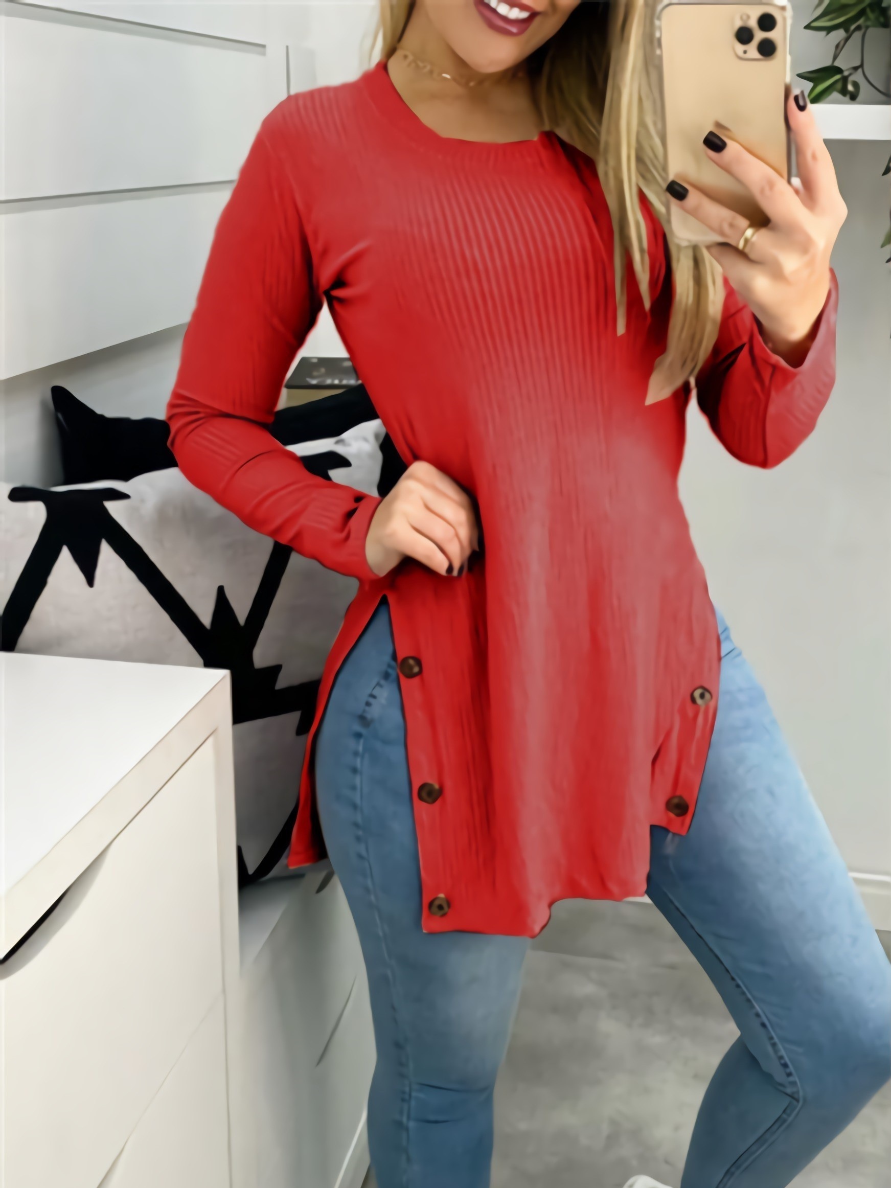 Jersey manga larga aberturas con botones rojo mujer