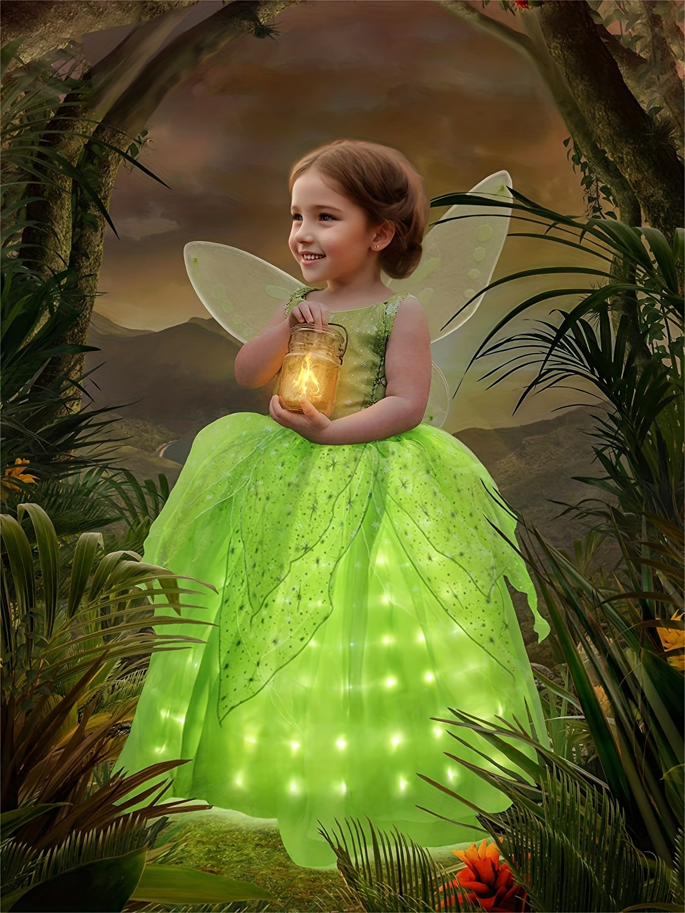 Costume de cosplay d'elfe de conte de fées, robe en ligne A à LED décorée  d'ailes en maille pour fille, vêtements pour enfants pour fête d'Halloween,  anniversaire, en cadeau (piles non incluses)