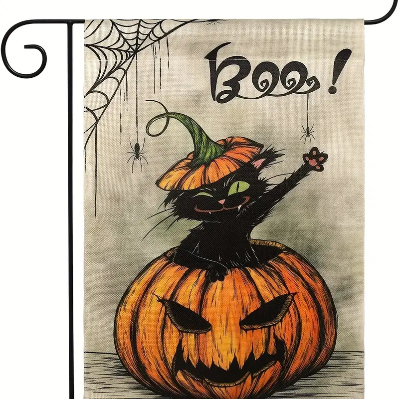 1pc Halloween Garden Flag 12 5 X 18 Inch Vertical Double Sided Pumpkin Spider Cat Boo Halloween Flags Burlap Small House Yard Flag For Outdoor Indoor Decoration details 1