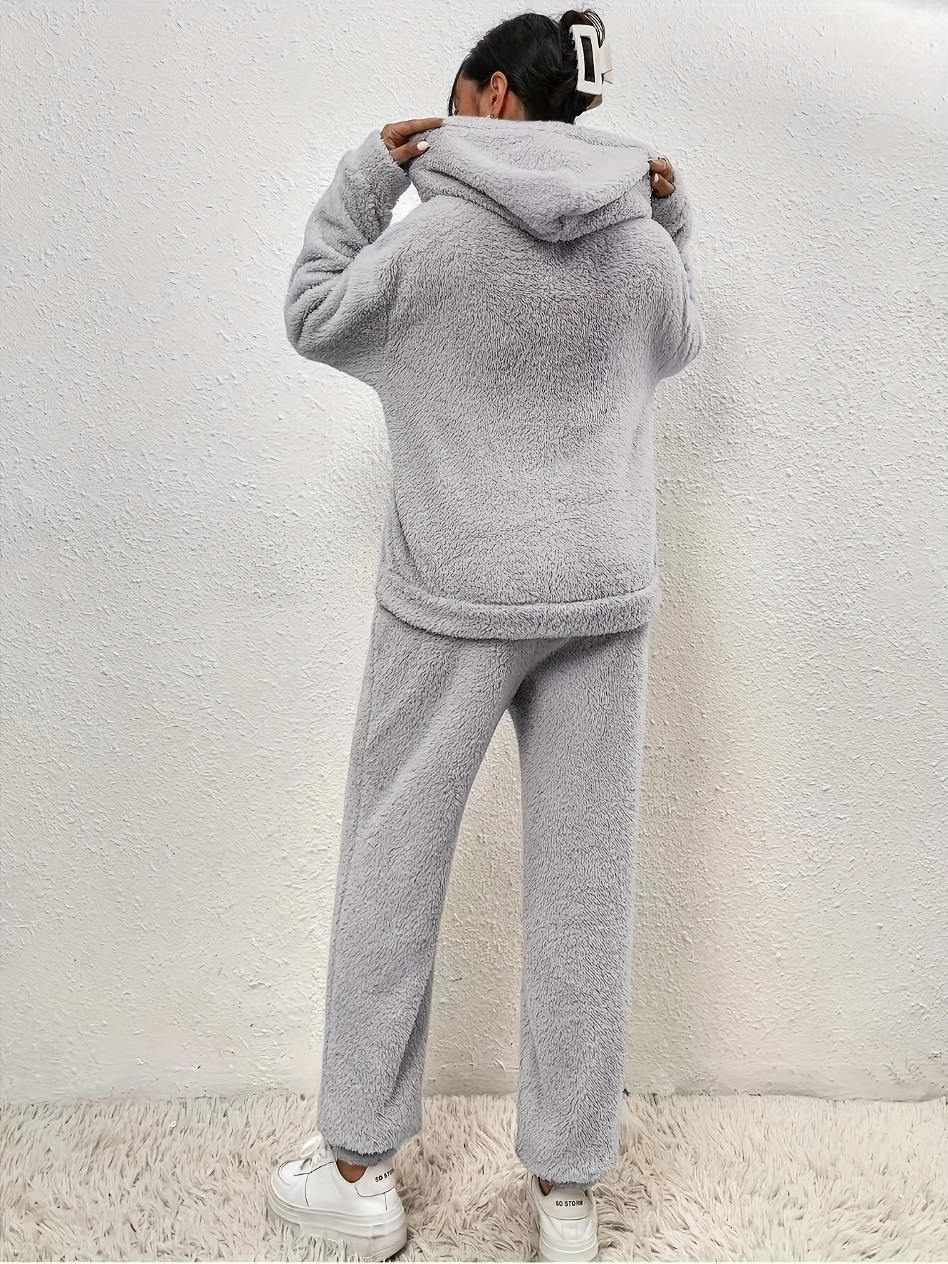 Casual Solid Teddy Two piece Set Kangaroo Pocket Hoodie - Temu