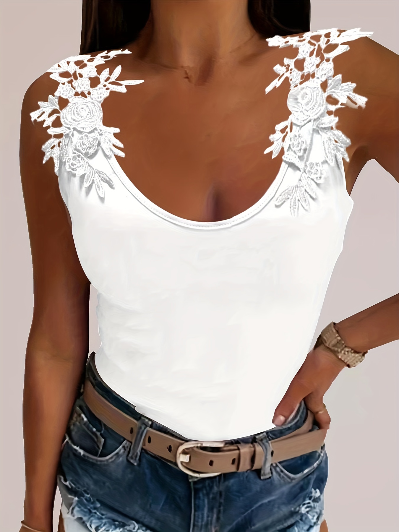 Lace Strap V Neck Tank Top Casual Solid High Elastic Fashion - Temu