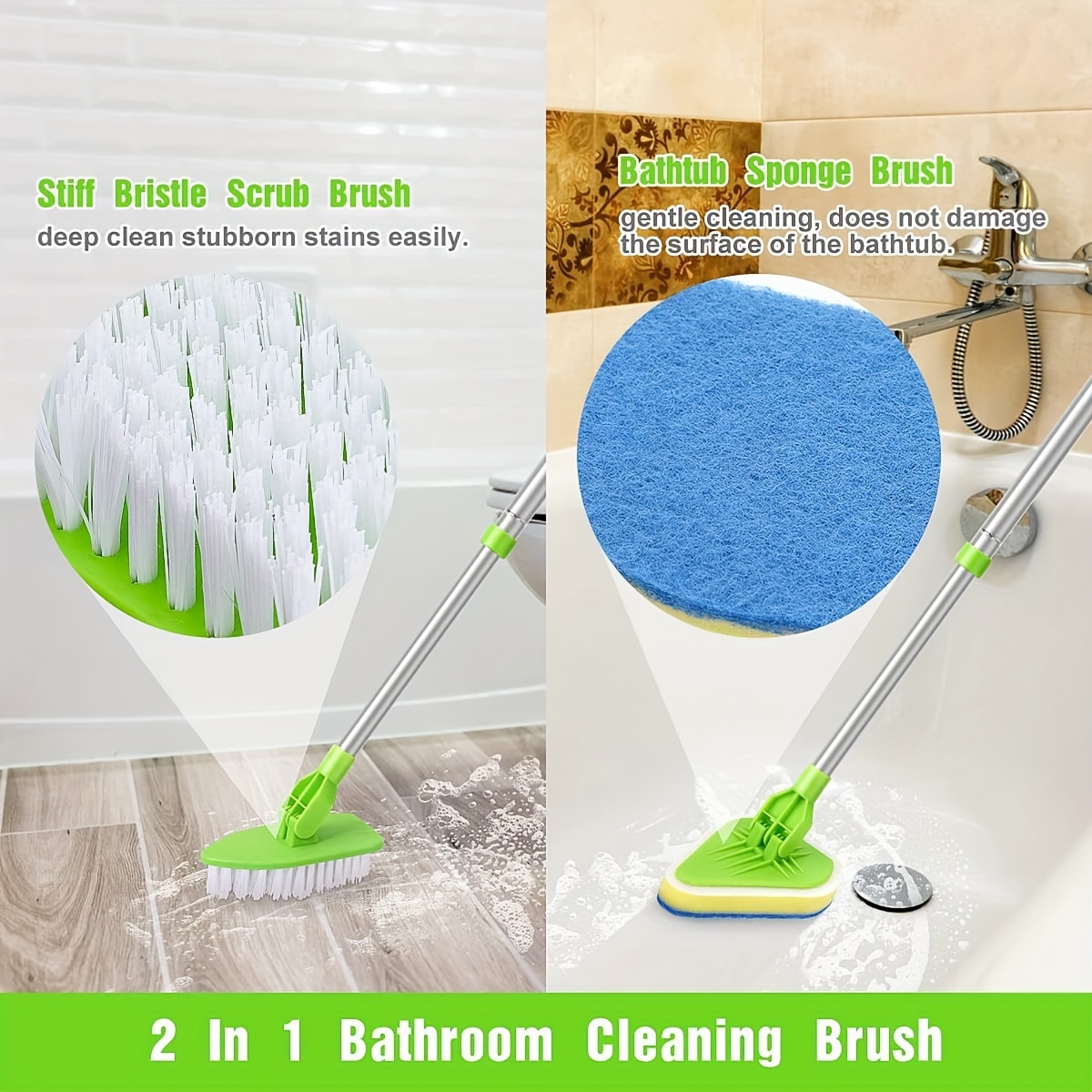 Shower Bathtub Tub & Tile Scrubber Cleaning Brush with Long Handle 46'' - 2  in 1 Scrub Brush Extendable Floor Brush with 3 Sponge & 1 Stiff Bristles