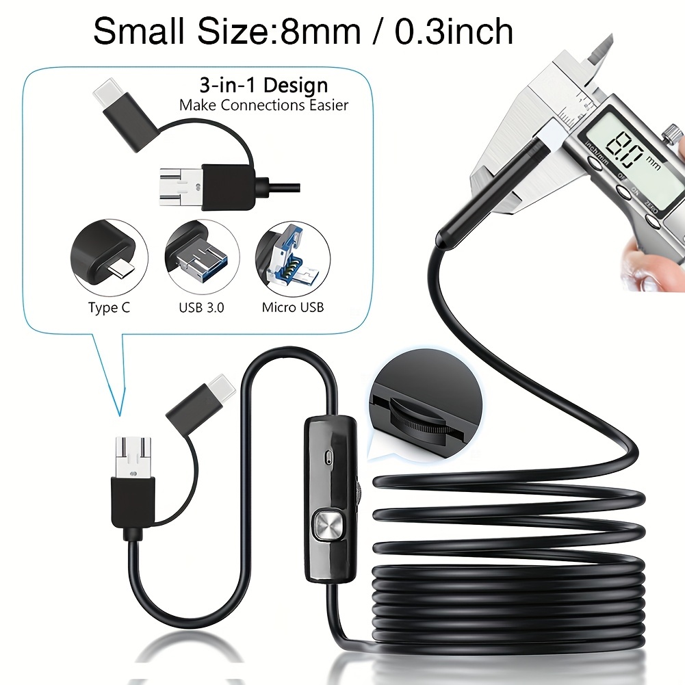 Endoscopio Para Movil, 10m Endoscopio USB, Cámara de inspección de  boroscopio de 2 en 1 agua de 7 mm con una serpiente de cable de 6 LED para  la