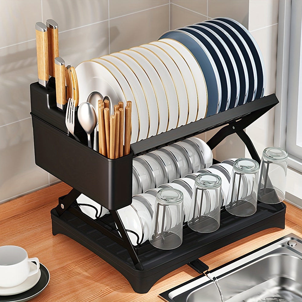 2-Tier Dish Drainer with Glass Holder and Utensil Holder for Kitchen Counter